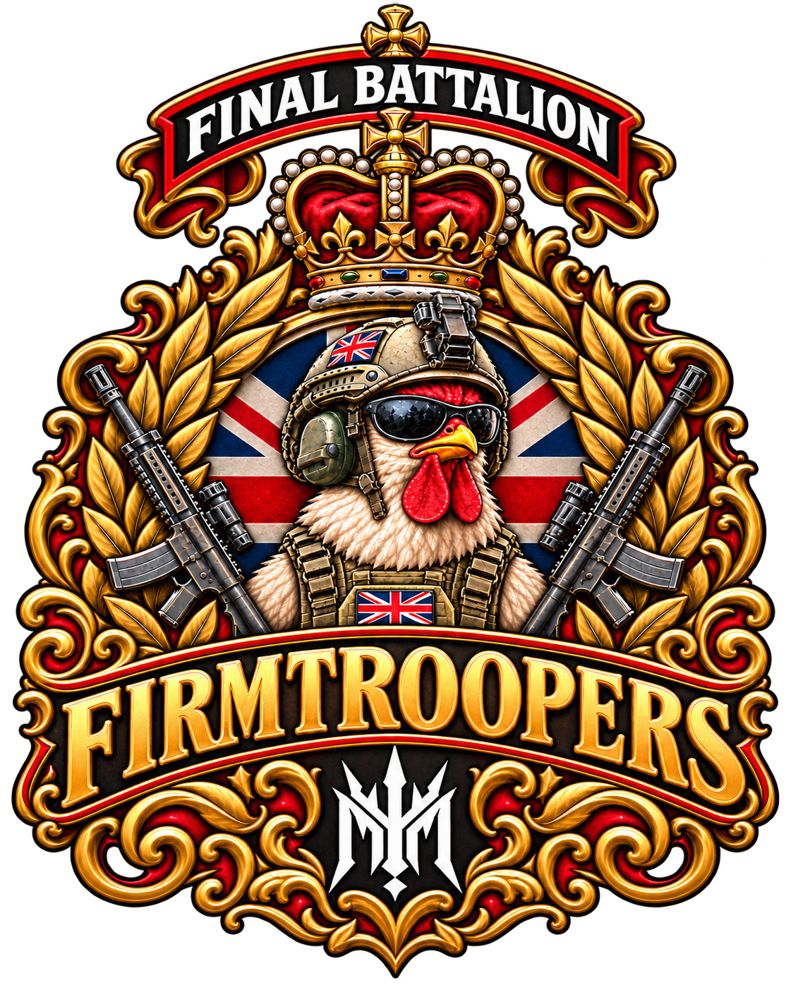Firmtroopers crest: Final Battalion banner above a crowned tactical chicken, with the M emblem below